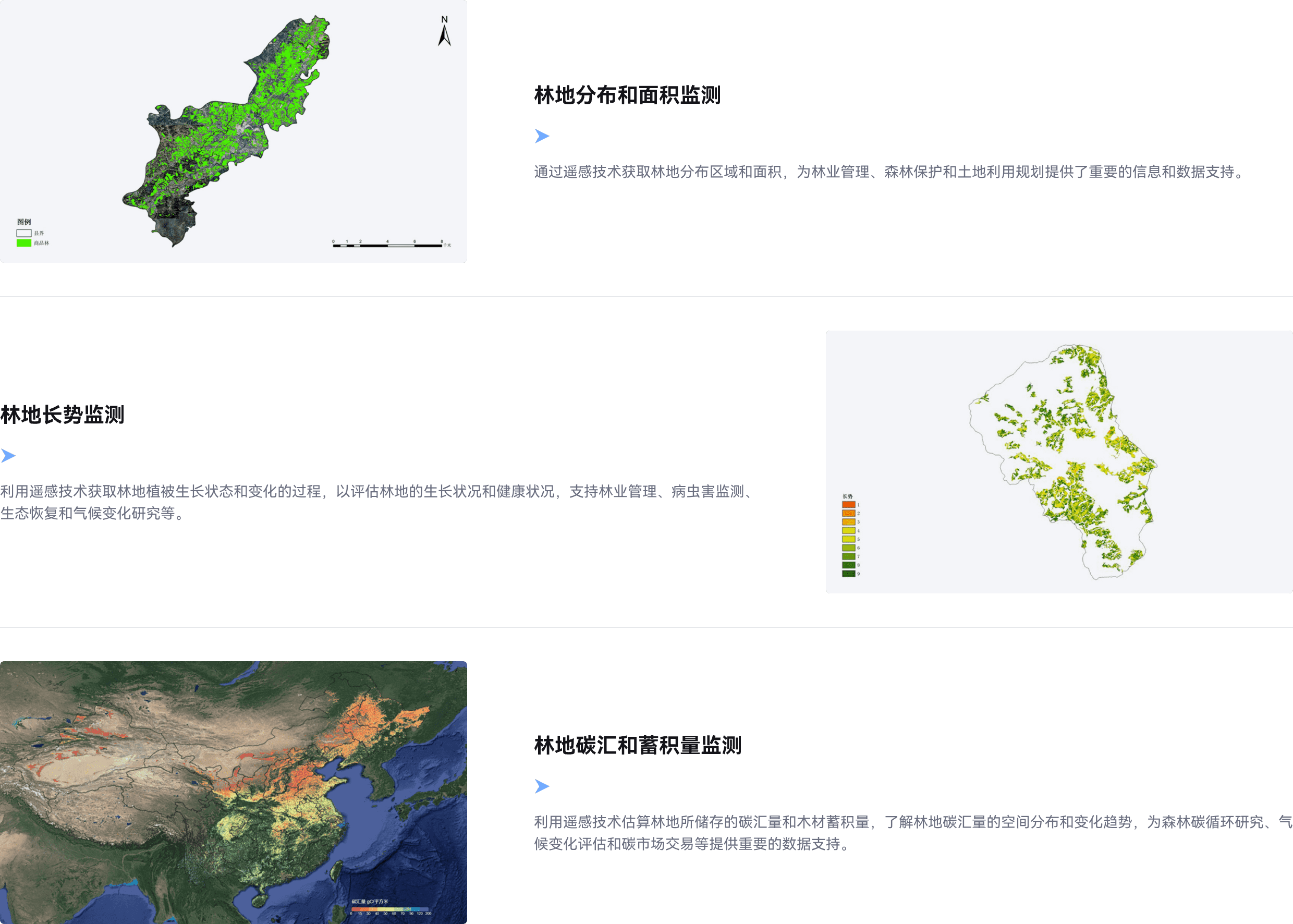 林地分布和面积监测,林地分布区域和面积,林业管理,森林保护和土地利用规划,林地长势监测,林地植被生长状态,林地变化的过程,评估林地的生长状况和健康状况,林业管理,病虫害监测,生态恢复,气候变化研究,林地碳汇和蓄积量监测,估算林地所储存的碳汇量,估算林地木材蓄积量,林地碳汇量的空间分布和变化趋势,森林碳循环研究,气候变化评估,碳市场交易